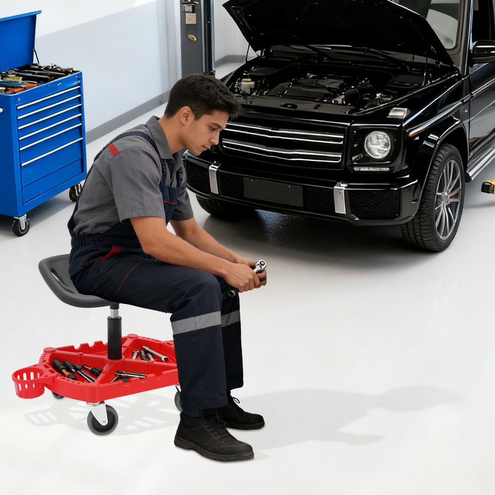 Adjustable Rolling Garage Stool with Tool Storage & Comfortable Seat