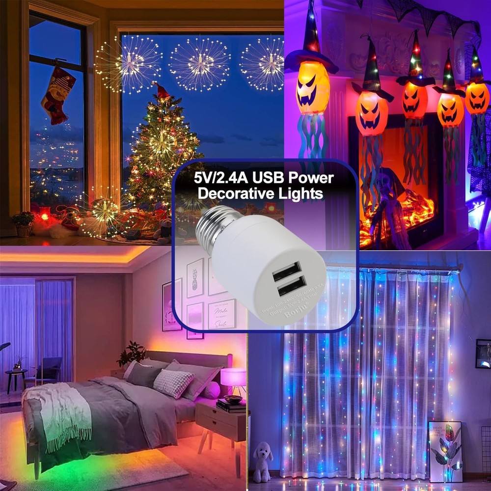 Borju Light Socket USB Adapter for Decorative Lights,Lighting,Security White