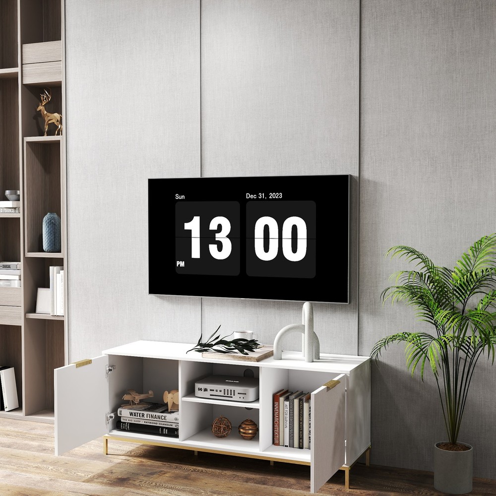 Modern TV Stand with Wave-Design Doors, Open Shelf & Adjustable