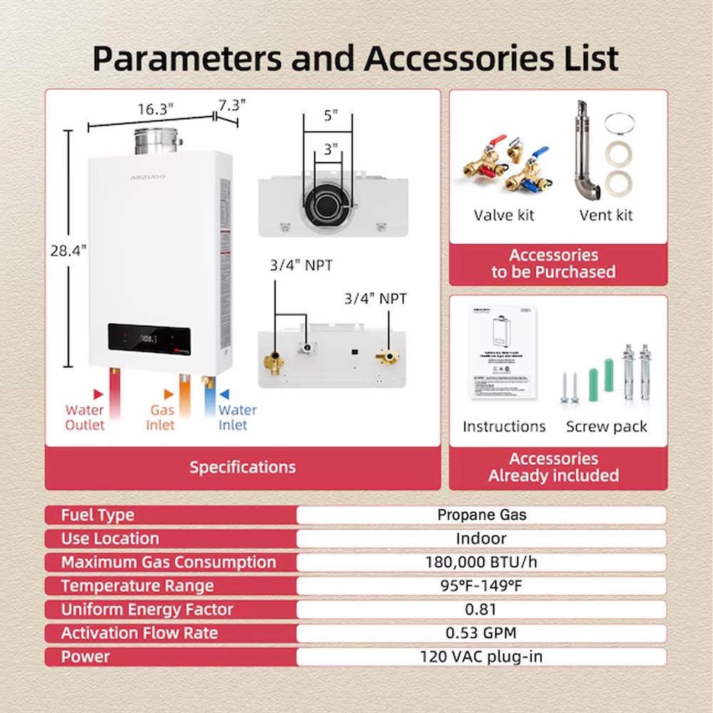 【90% NEW 】26L 7.9 GPM Tankless Water Heater Propane 180K BTU Dual-Wall Direct