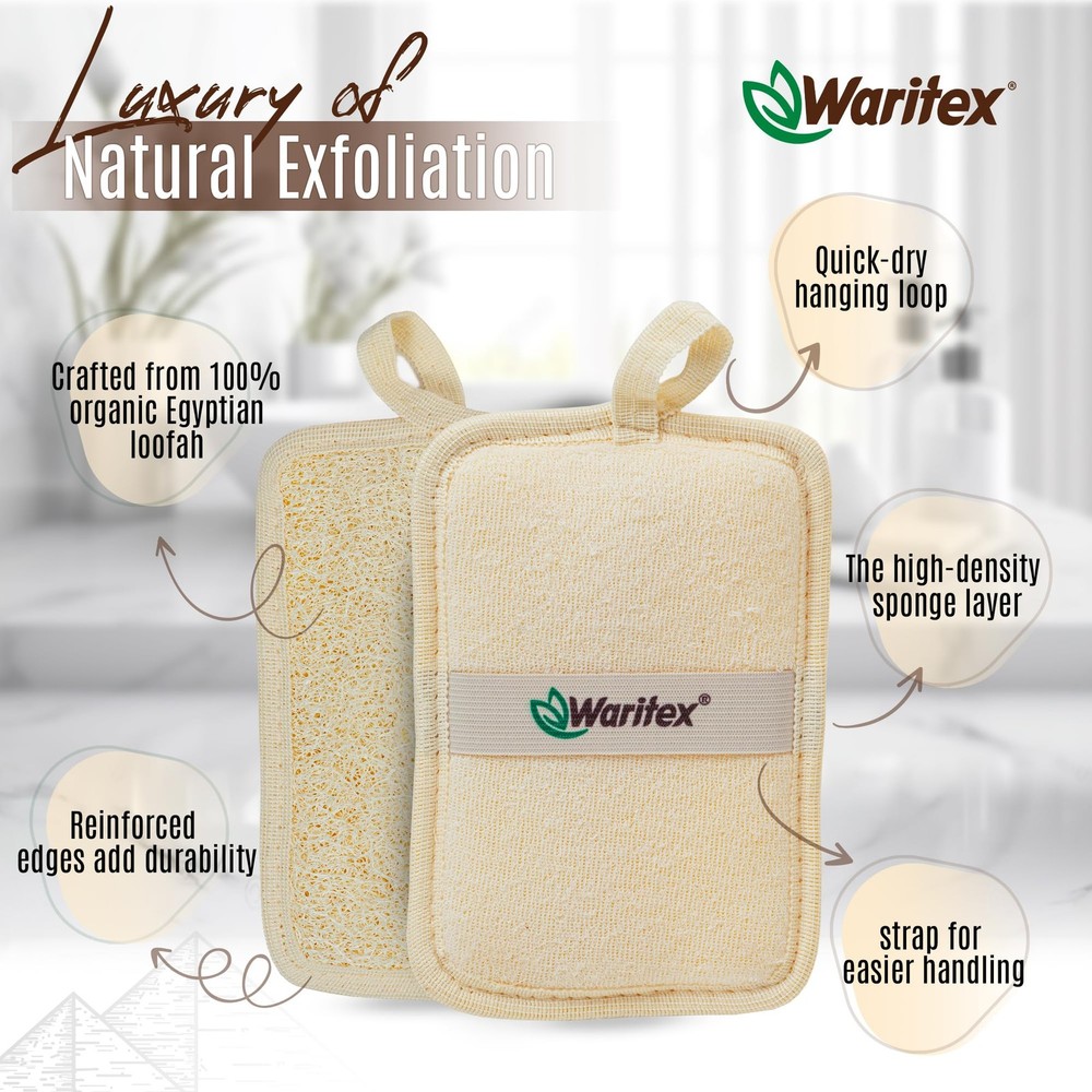 Egyptian Loofah Rectangular Body Scrubbers with Hand Strap, Exfoliating Bath ...