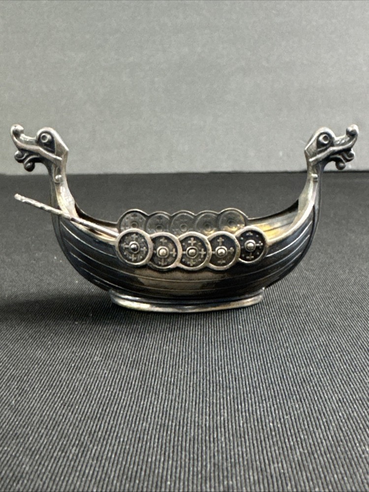 David Andersen Sterling Viking Ship Salt Cellar Oxidized W/ Spoon - Norway