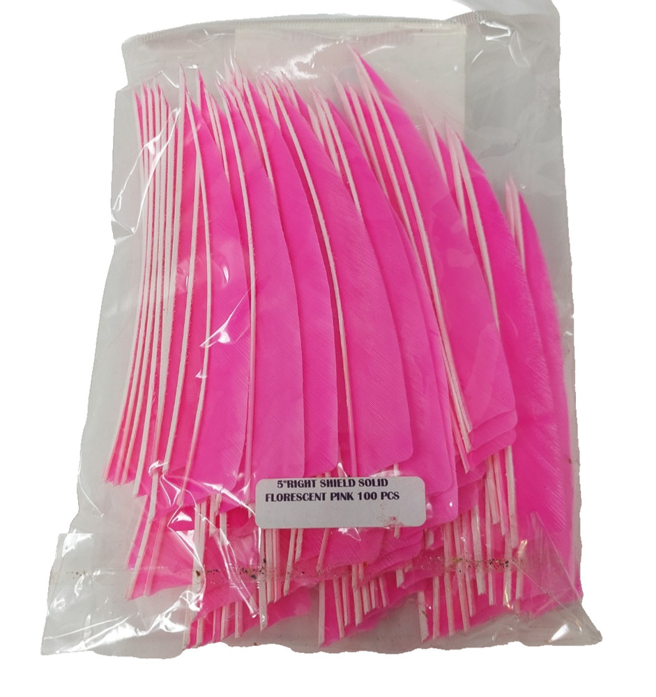 100pk Bullseye Archery Feathers 5" Right Wing: Shield Solid Fluorescent Flo Pink