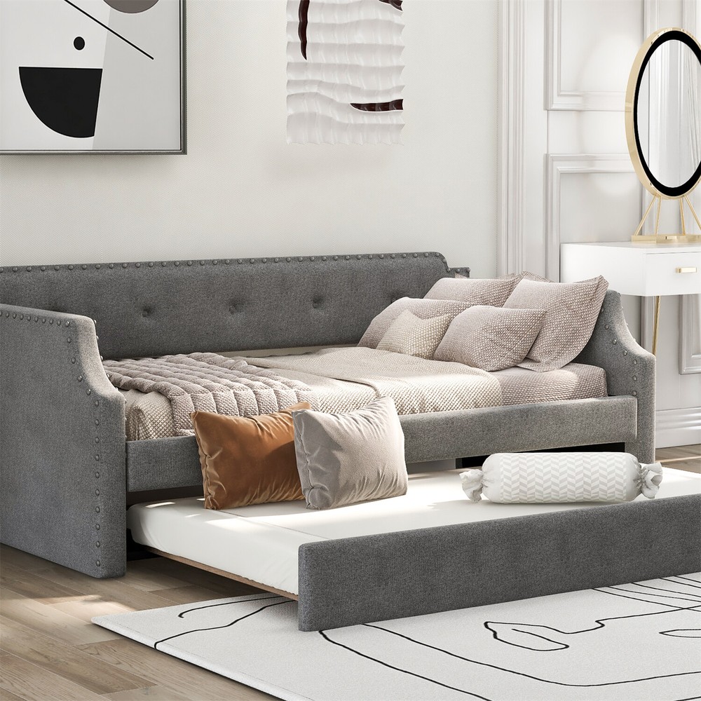Twin Size Daybed w/ Pull-Out Trundle Bed Upholstered Bed Frame Sofa Bed US
