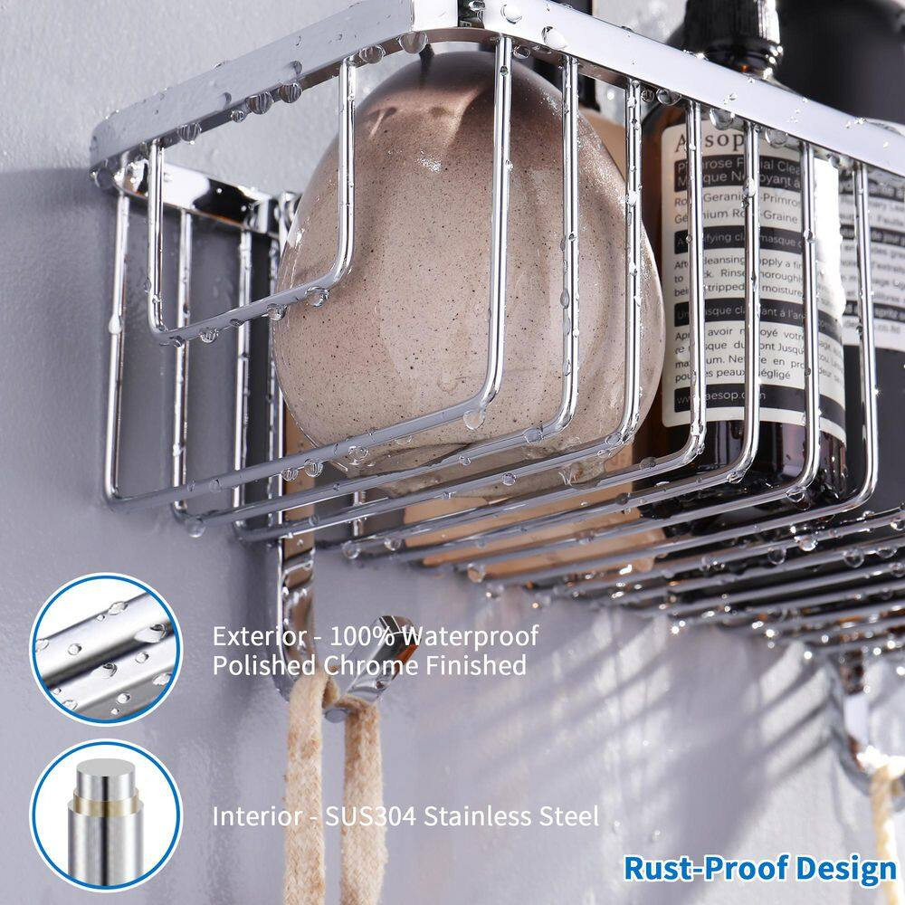 2 Pack Wall Mounted Rectangle Shower Caddy Shower Basket with 2 Detachable Hooks