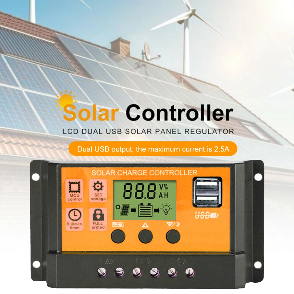 100A Solar Panel Battery Charge Controller 12V/24V LCD Regulator Auto Dual USB