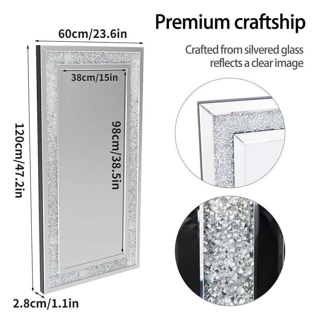 47In Rectangular Crushed Diamond Crystal Mirror Crystal Surround Silver Mirrors