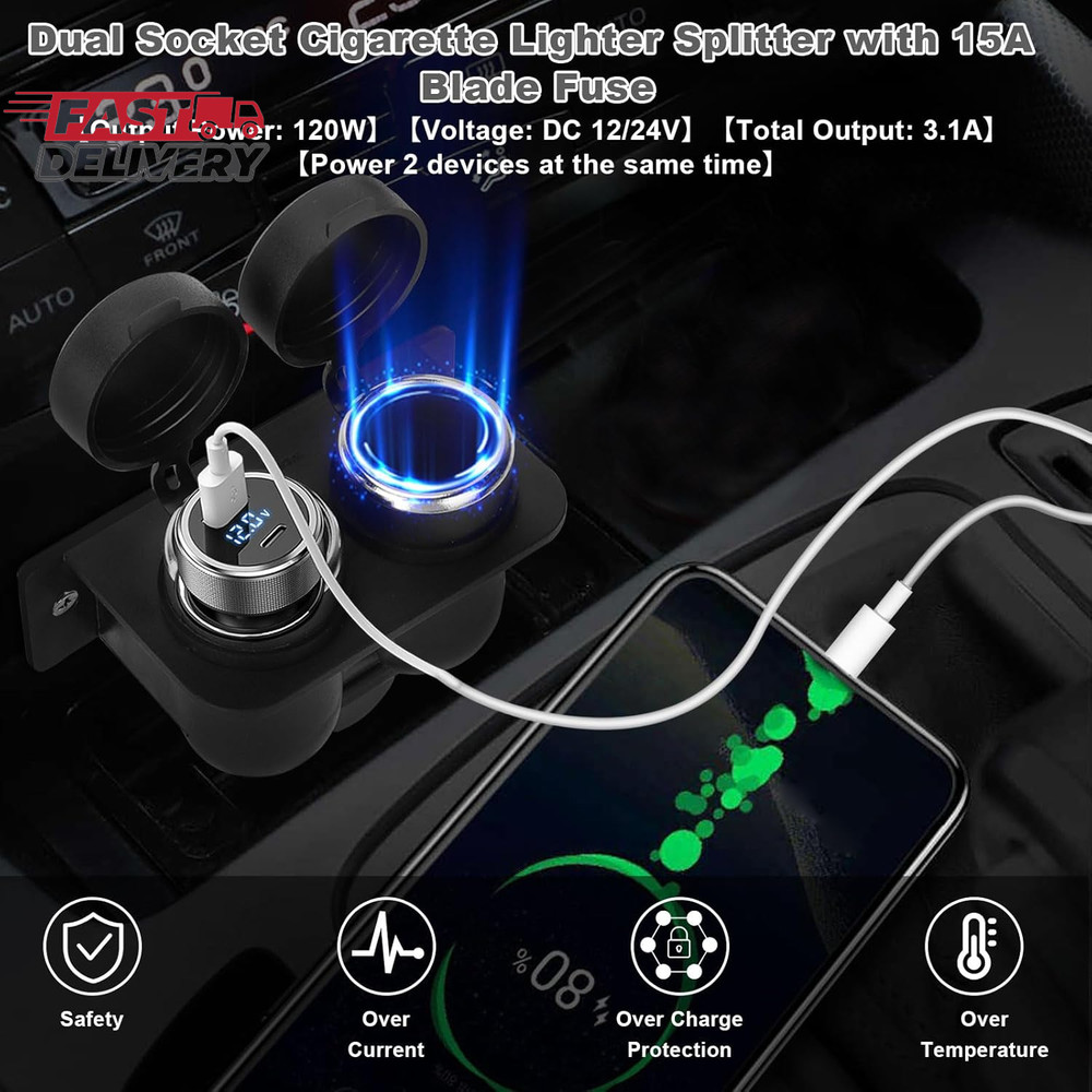 1PCS Cigarette Lighter Socket with Blade Fuse, 2-Socket Cigarette Lighter Splitt