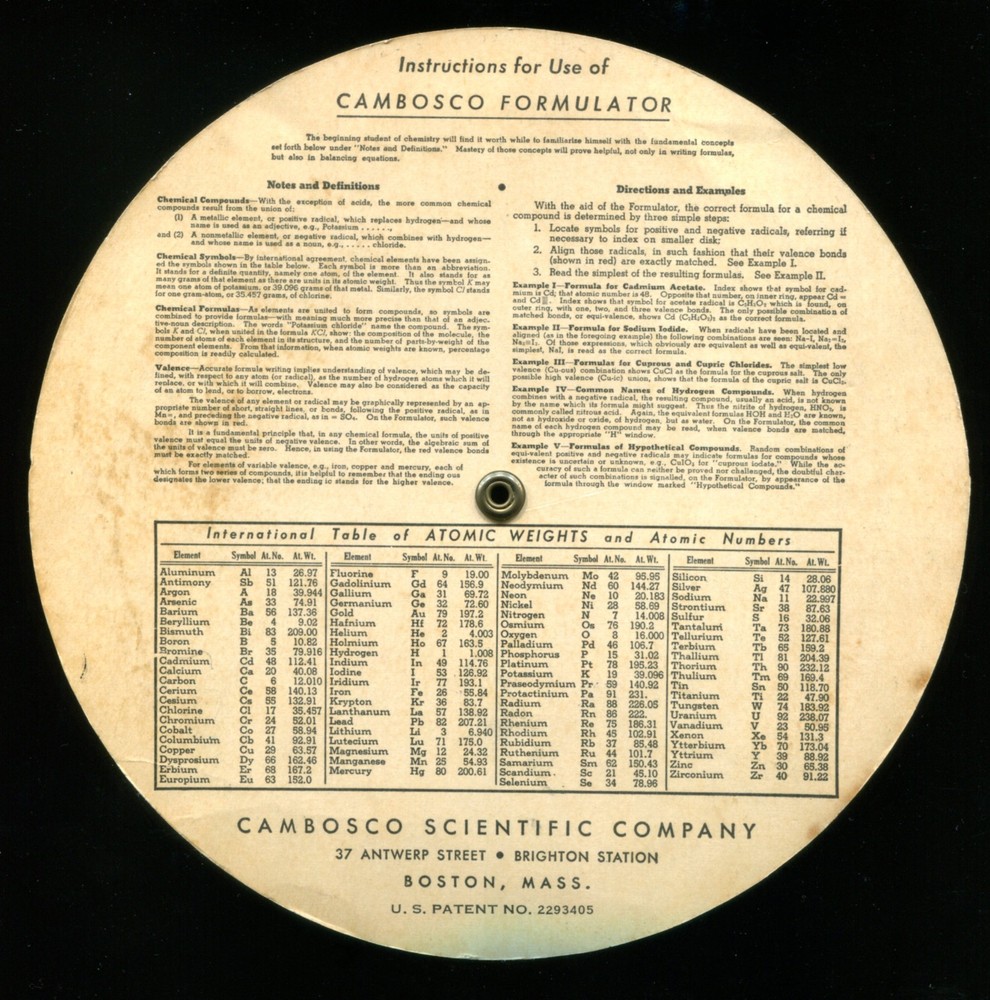 CHEMICAL CALCULATOR CARDBOARD DISC