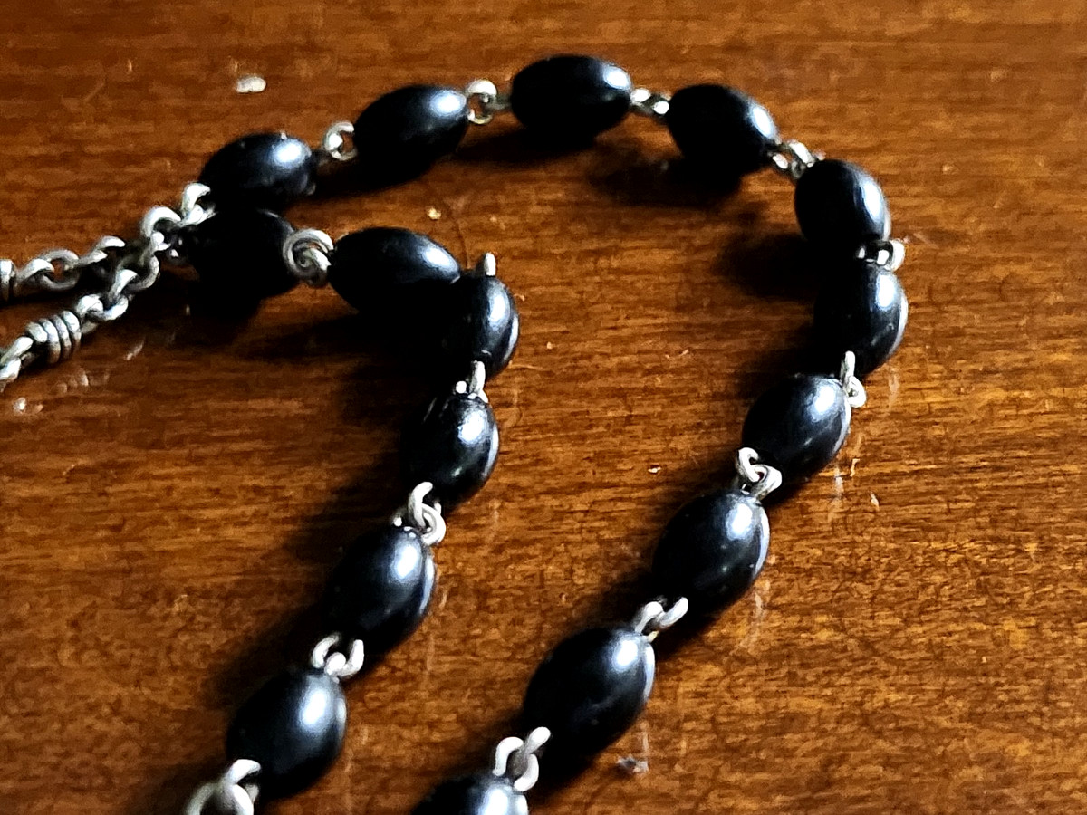 Vintage Sterling Silver Celluloid Bead Rosary & Vtg Red Moroccan Blown Glass Box