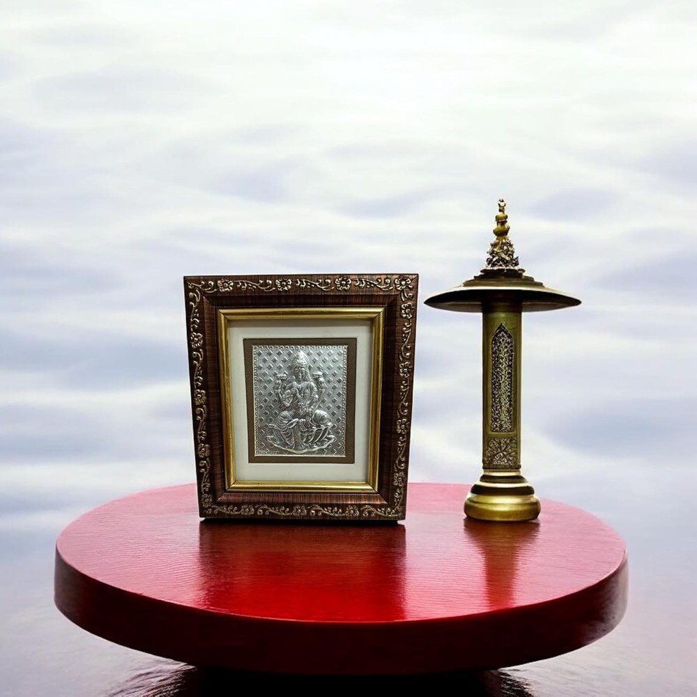 Pure Silver Goddess Laxmi Frame 4x4.5 Inch Frame Tabletop Stand & Wall Mount