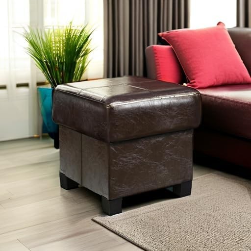 Storage Stool Cube Folding Footstool PU Leather Strap Legs Long Bench, Brown