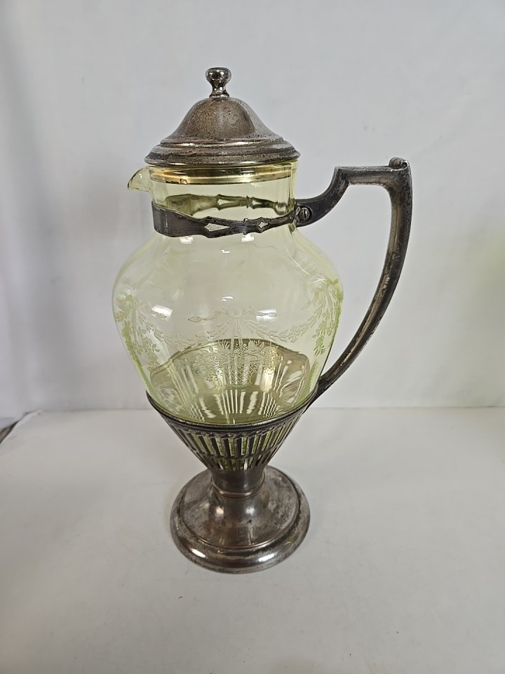 Cresent Silver MFG Triple Plate Silver & Uranium Etched Basket Glass Pitcher