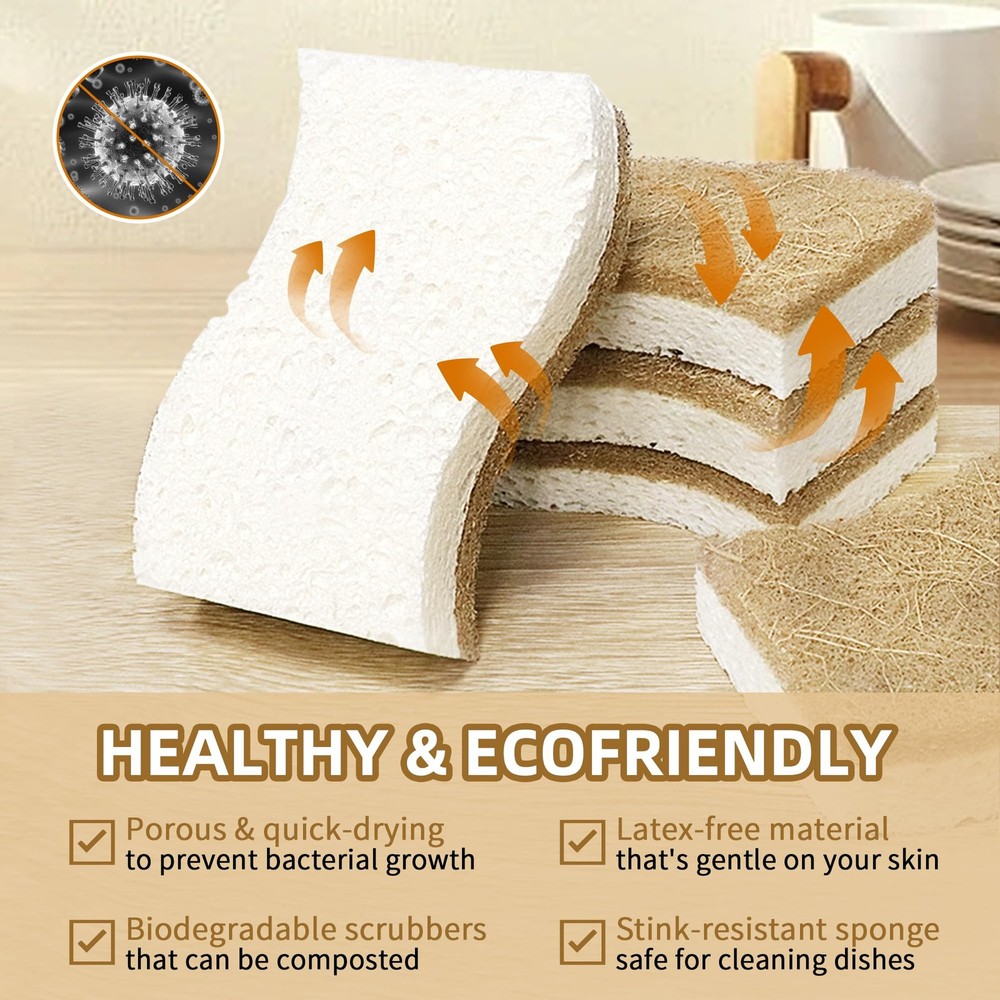 12 Pack Natural Kitchen Sponges, Biodegradable & Compostable | Non-Scratch Ce...