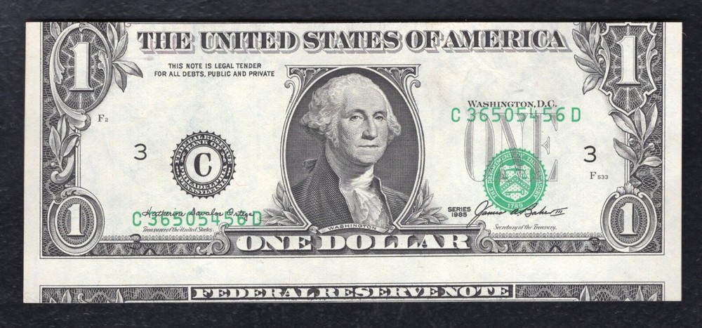 1985 $1 FRN FEDERAL RESERVE NOTE “MISALIGNMENT ERROR” GEM UNCIRCULATED