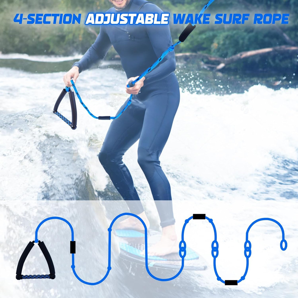 Wakesurf Rope - 25Ft Floating Wake Surf Ropes and Handle, 4 Sections Adjustable