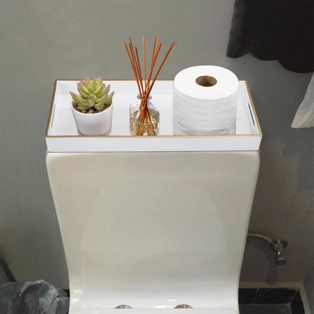 White Vanity Tray Plastic Decorative Tray Rectangular Trays with Handles Bath...