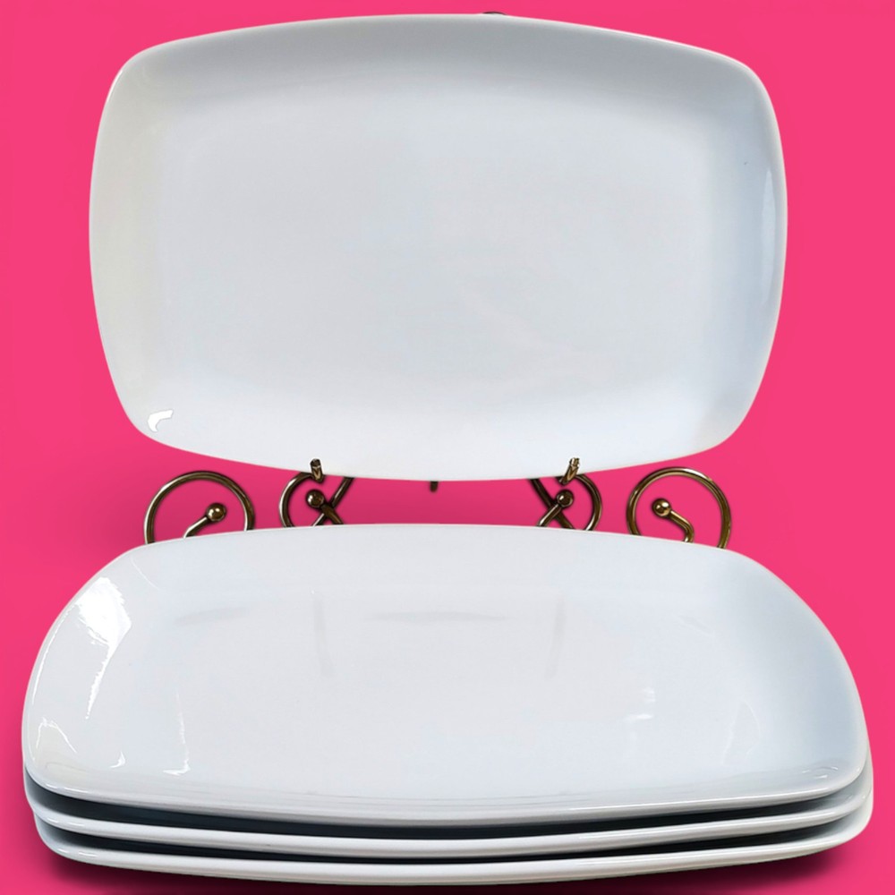4pc Modern White Porcelain Serving Platters 12"x 8" Rounded Rectangular