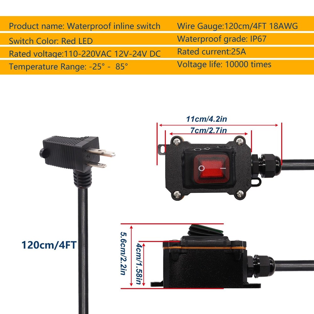 Extension Cord with Switch On/Off,IP67 Waterproof Inline Cord Switch with 4FT...