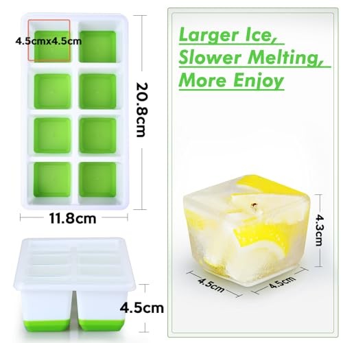 Large Ice Cube Trays with Lid, 2 Pack Stackable Silicone Ice Cube Molds Green