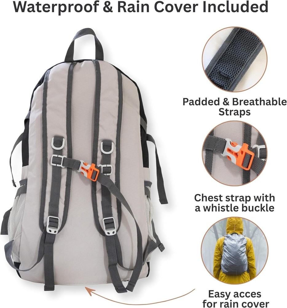 Foldable Backpack with Rain Cover - Multiple Pockets - Waterproof Lightweight...