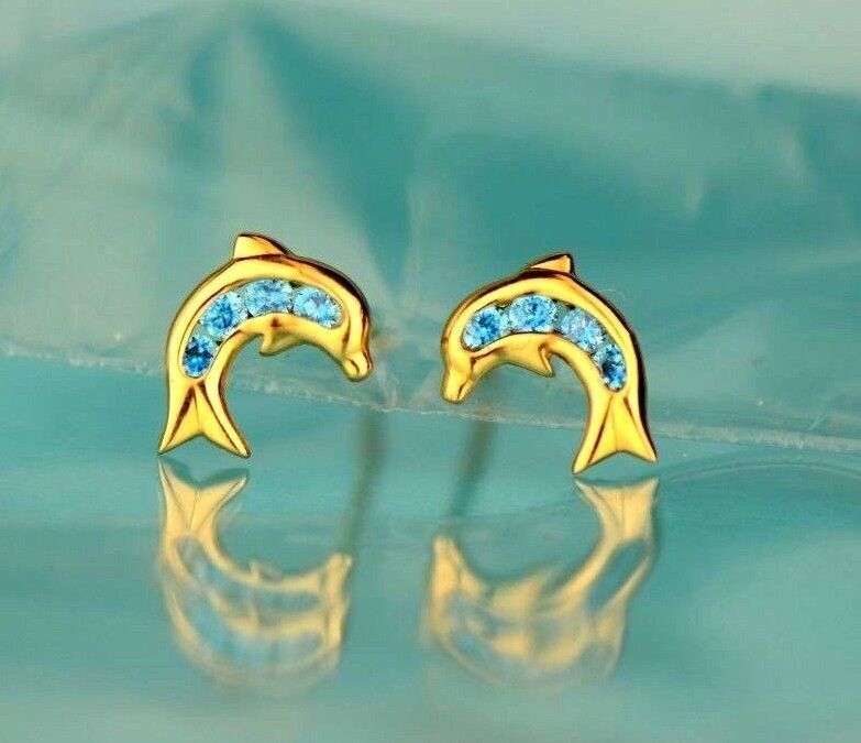 14k Yellow Gold CZ Dolphin Stud Earring