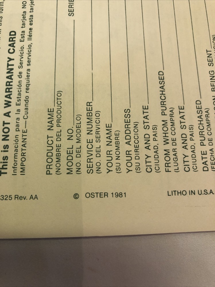 1981 Osterizer Accessory Information and Coupons, Service Info, Replacement Part