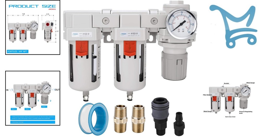 Air Drying System 3/8NPT Filter Regulator Combo Semi-Auto Drain 5 Micron