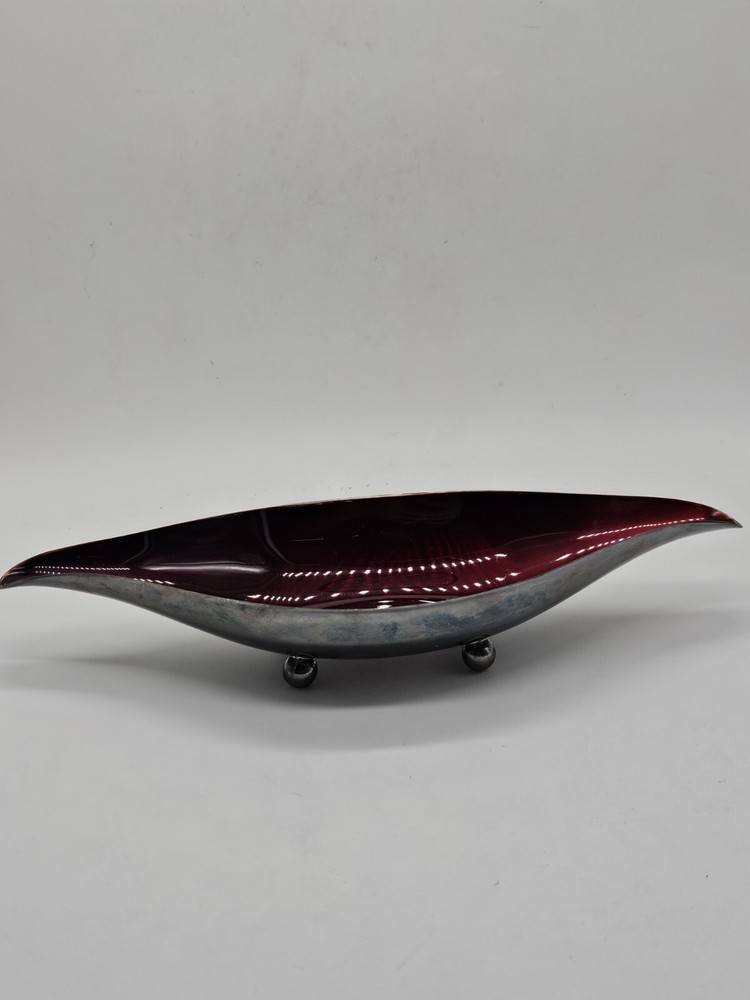 Vintage Wallace Mid Century Modern Ruby Red Enamel silver Plate Dish