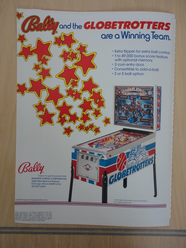 Harlem Globetrotters Pinball Machine Foldout Magazine Pull Out Advertisement