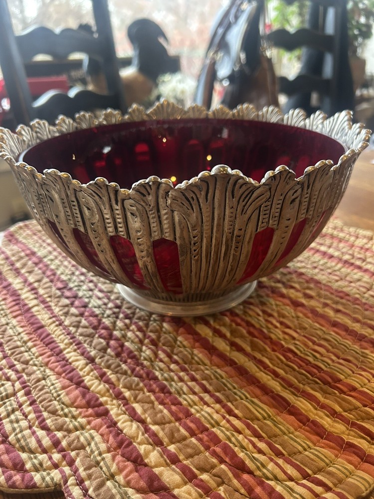 Vintage Silver Plated Ruby Red Valentines Glass Console Bowl Marked Godinger