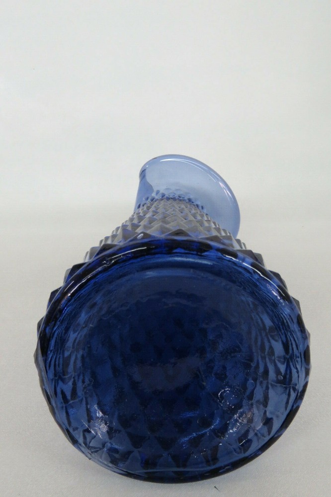 Diamond Point Pattern Blue Glass Pitcher Decanter Formed Spout Vase 2029B