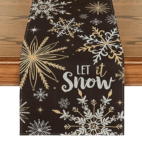 Snowflake Let It Snow Winter Table Runner, 13" x 72", Table Runner Black