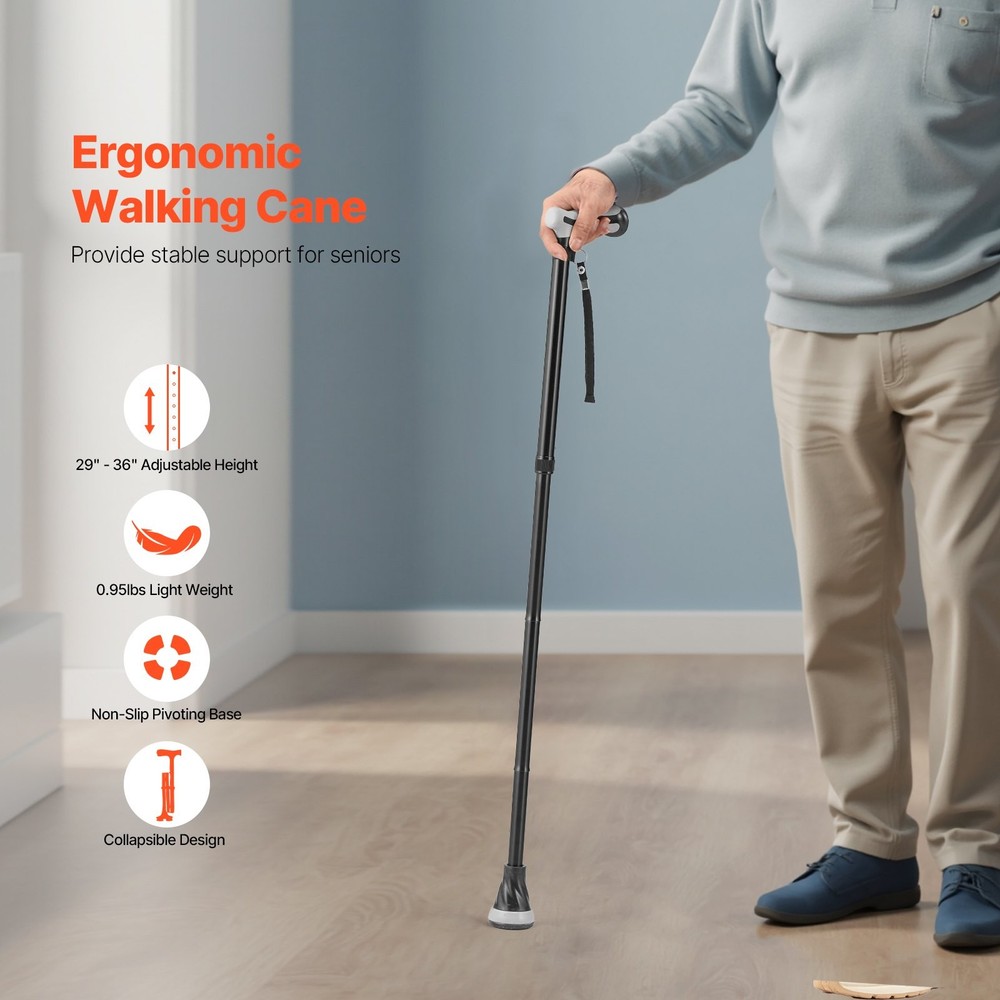 Walking Cane Folding Walking Stick 8-Level Adjustable Height & Pivoting Tip