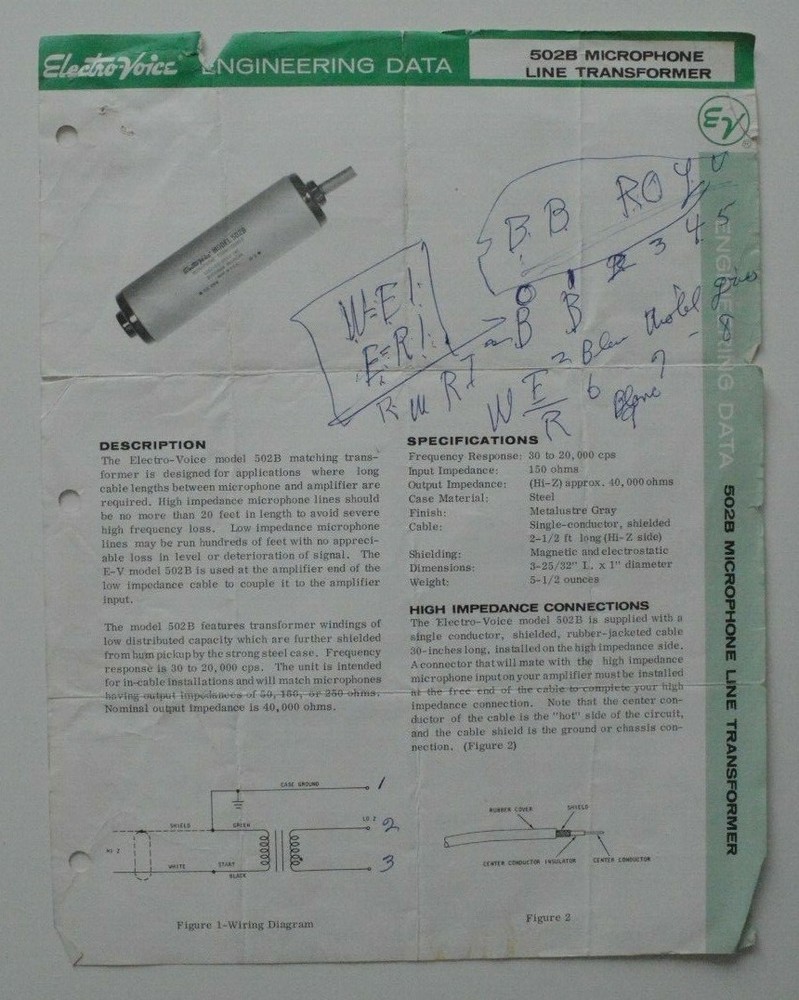 ELECTRO-VOICE 502B Microphone Line Transformer Engineering data sheet 1966