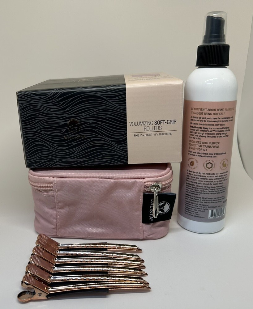 Calista Volumizing Self Grip Rollers Curlers Clips Case Short Pixie + Flex Spray