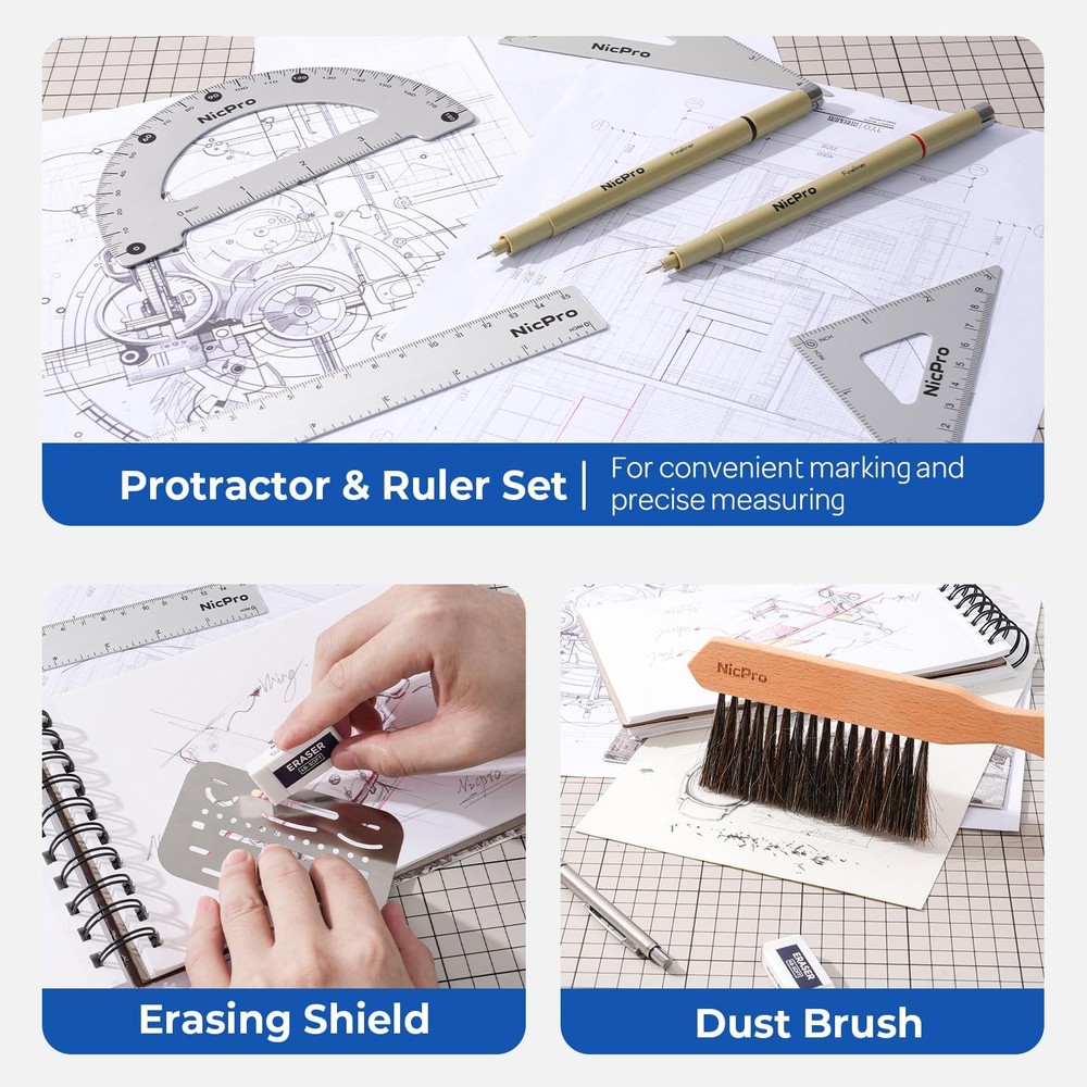 Nicpro 30PCS Professional Drafting Tools & Geometry Set with Case, 30 PCS