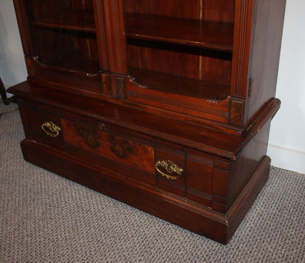 Antique Victorian Walnut Step Back Bookcase – Two Glass Doors