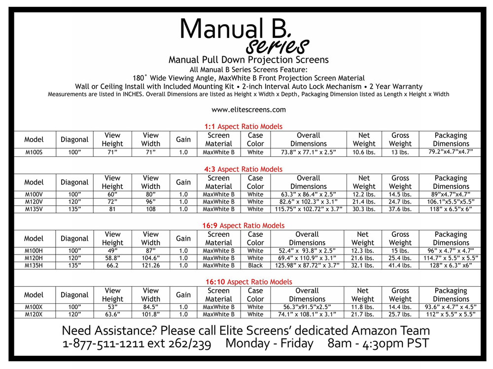 Elite Screens Manual B, 100-INCH 16:9, Manual Pull Down Projector Screen 4K /...