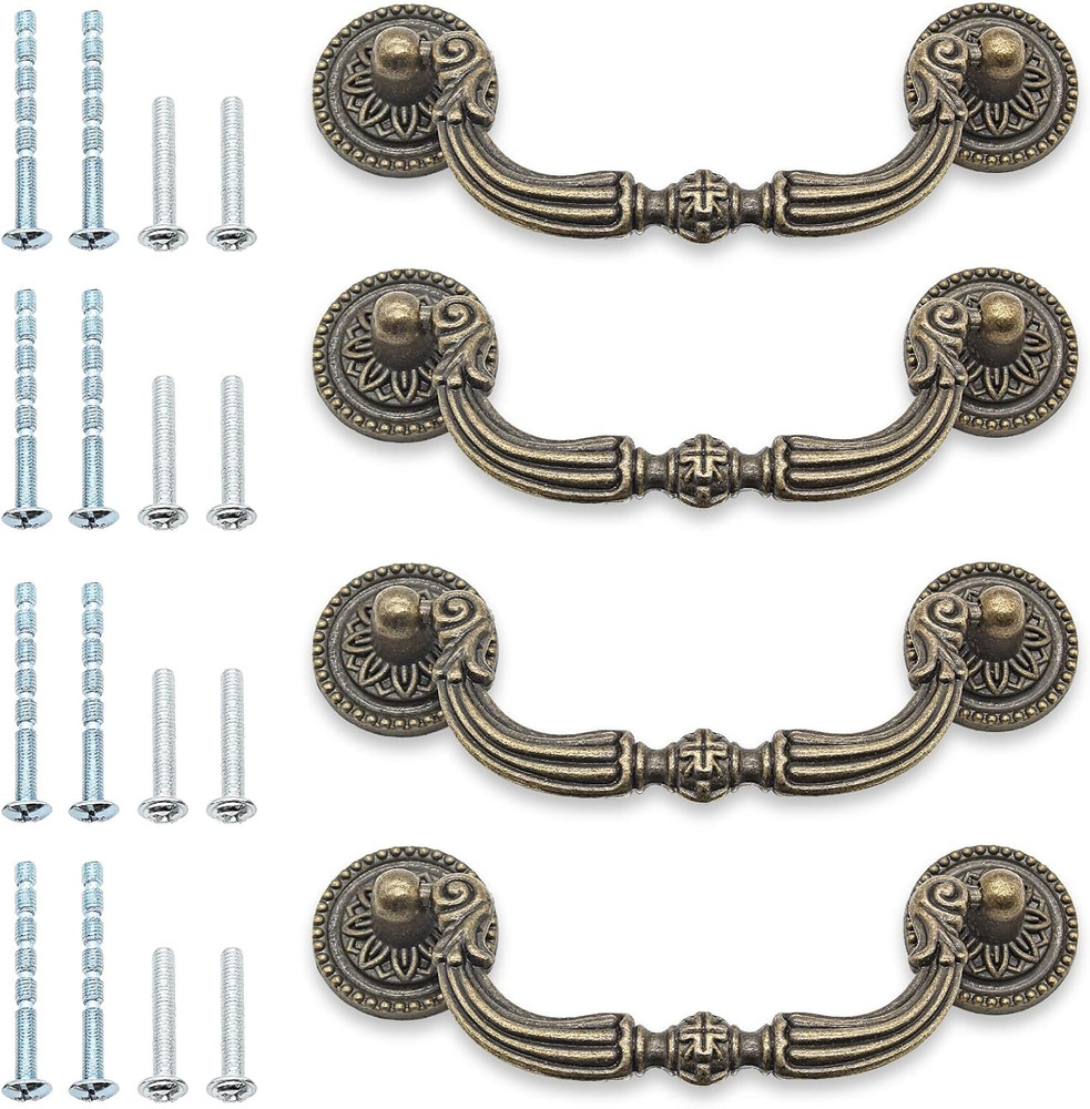 4-Pack French Provincial Drawer Pulls, Antique Brass Cabinet Pulls, Hole Center