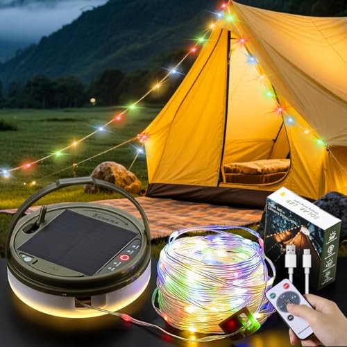 40FT Solar Camping String Lights, Rechargeable String Lights with 8 39.4FT