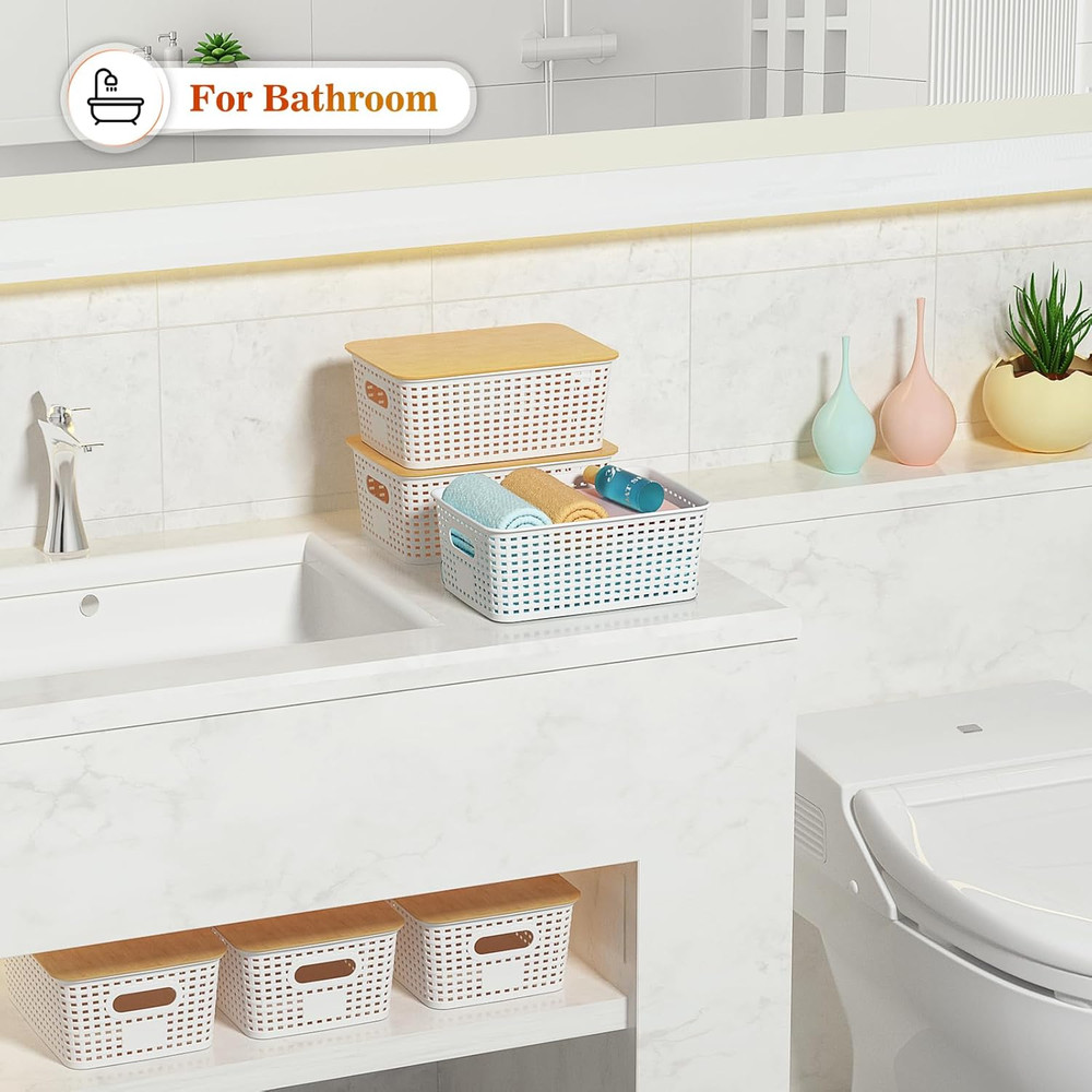 Plastic Storage Baskets with Bamboo Lid - Plastic Storage Containers Stackable S