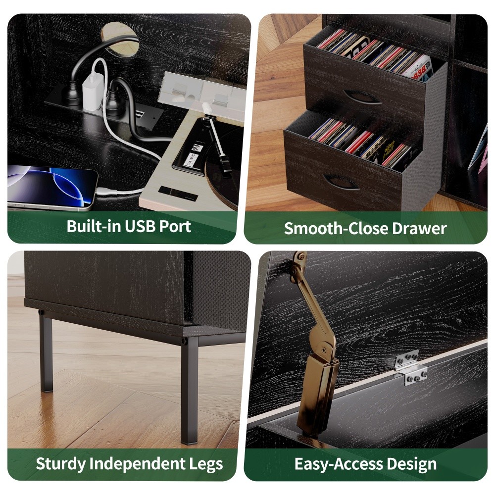 Black Media Console Record Player Stand with Power Outlet & Flip-Down Lid