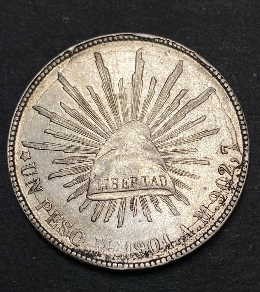 1901 Mexico Silver Peso Obverse & Reverse Lamination Left Extra Leaf Mint Error