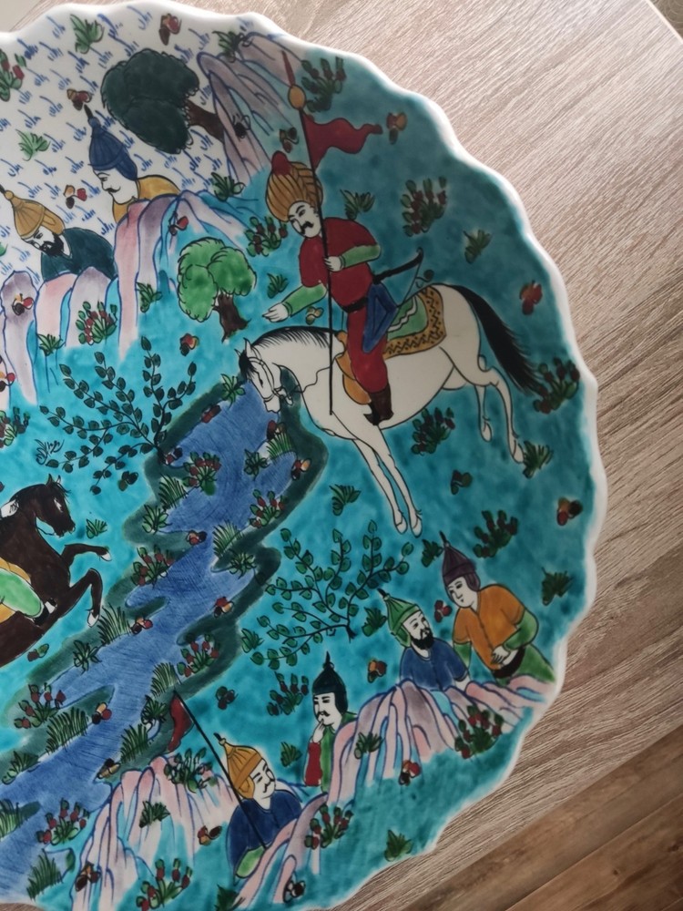 Large vintage painted ceramic plate. Turkey. Signed.