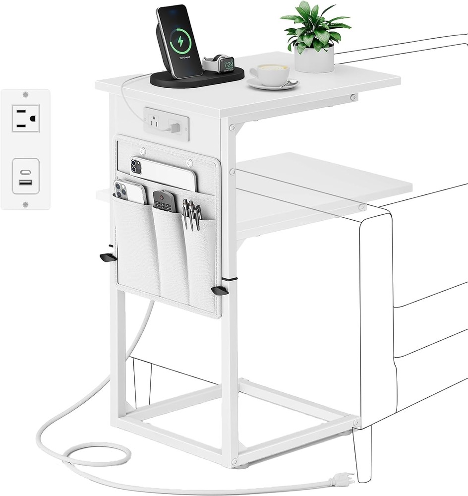 End Table W/ Charging Station Adjustable Height Side Table Couch Small C Shaped