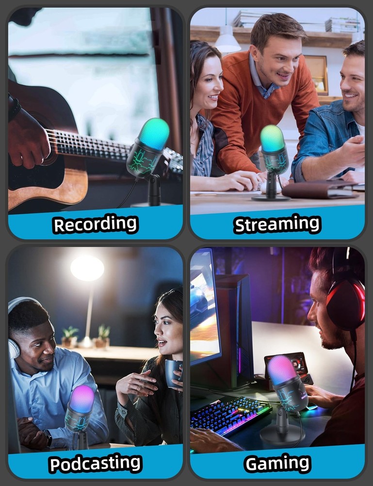 Gaming Microphone, USB Computer Microphone for PC, Mac, PS4/5, Condenser Podc...
