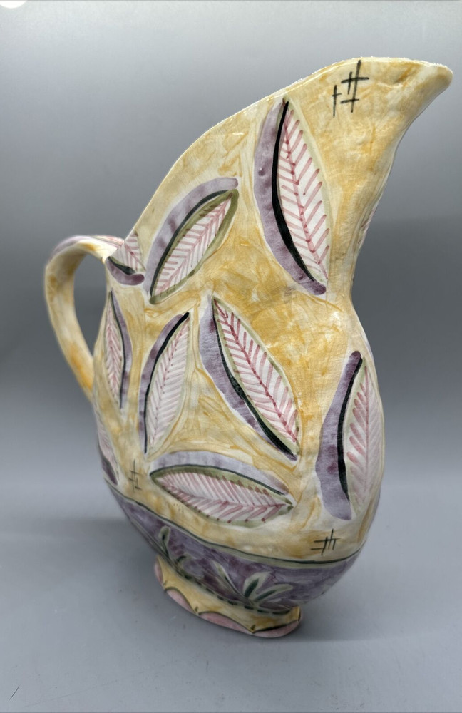 VINTAGE MCM SIGNED ITALIAN? HAND PAINTED POTTERY PITCHER LEAF PATTERN