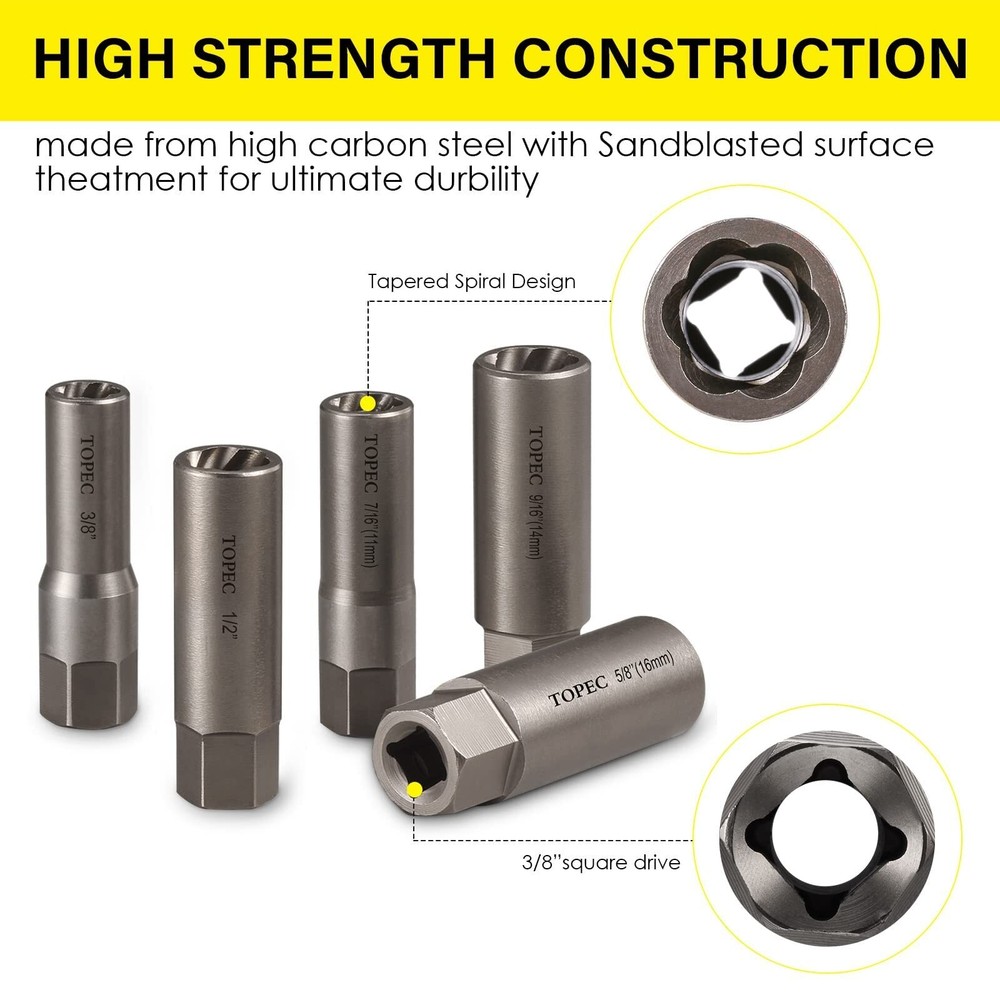 Topec 5-Piece Spiral Type Deep Extractor Set, Spark Plug Easy-out Set, for Re...