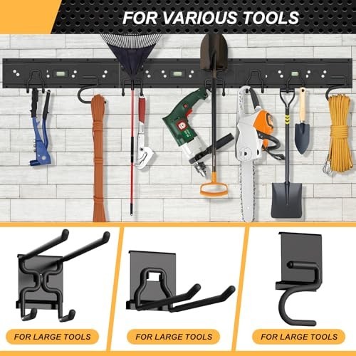Adjustable Wall-Mounted Garage Tool Organizer - 48" Heavy Duty with 7 Hooks, Hol